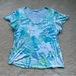 Tribal Women's Blue Green Tropical Print V-Neck Tee Shirt - L - GUC - Stretch
